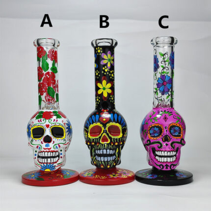 Colorful Skull Glass Water Pipe, Handmade Floral Bong for Smoking